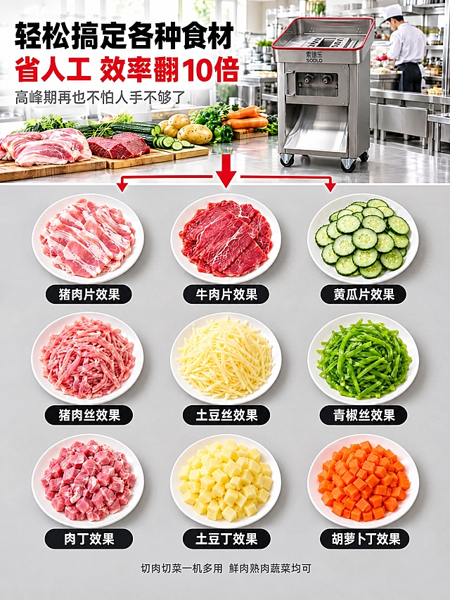 修改这张场景使用展示图：将右上角的切肉机替换为image2中的索德乐SODLO立式切肉机，1:1还原真实比例和结构，不得变形。替换后机器落地放置在后厨地面上（不放在台面上），保持右侧位置，根据机器的真实高度适当调整上半部分布局和切菜效果图九宫格的排列，使整体画面更美观协调。保留image2切肉机的所有真实细节：顶部开放式进料台带红色包边、不锈钢进料格栅、正面索德乐SODLO品牌Logo、正面可视窗口与不锈钢门把手、倾斜出料托盘、底部两个万向脚轮、不锈钢拉丝机身。上半部分左侧的大标题、副标题、说明文字、左侧的新鲜食材和木板保持不变，红色箭头根据机器位置相应调整。下半部分九宫格食材效果图和标签、底部说明文字保持不变，可根据整体美观微调间距。后厨背景和厨师人物保持不变，机器与地面接触阴影真实，融入场景自然。