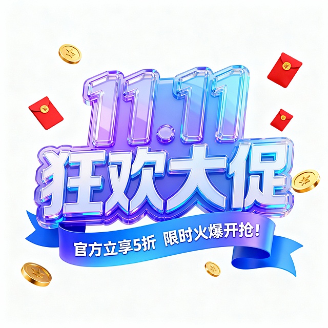 电商促销艺术字风格，居中构图，平视视角，纯白色背景，画面主体是立体效果的透明蓝紫色渐变“11.11狂欢大促”艺术字体，字体造型饱满且富有层次感，字体下方有蓝色渐变丝带，丝带上分别写着白色的“官方立享5折”和“限时火爆开抢!”文字，周围点缀红色小红包和金色圆形硬币装饰，整体热烈欢快，突出促销优惠与紧迫感