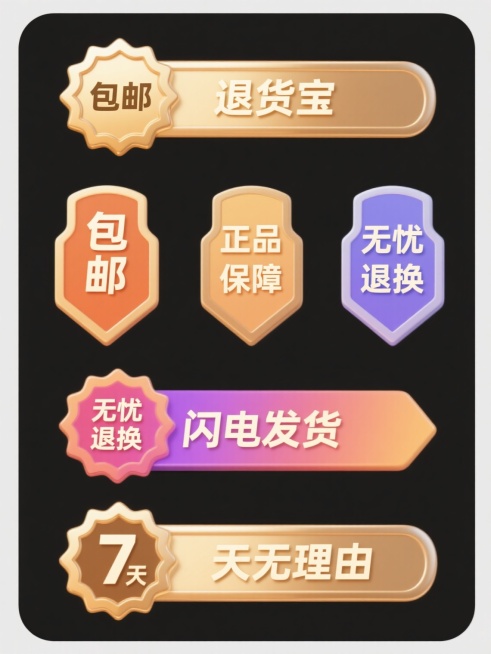 6个规整排布的促销标签素材，每个标签为单一纯色背景且颜色各异，标签内文字分别为“包邮”“退货宝”“正品保障”“无忧退换”“闪电发货”“7天无理由”，采用与参考图中金色徽章相同的精致3D质感，平滑的渐变色彩过渡，清晰锐利的边缘处理，文字为清晰易读的无衬线字体，整体呈现出简洁、专业且具有品质感的设计风格，各标签间距均匀，排列整齐。预览效果