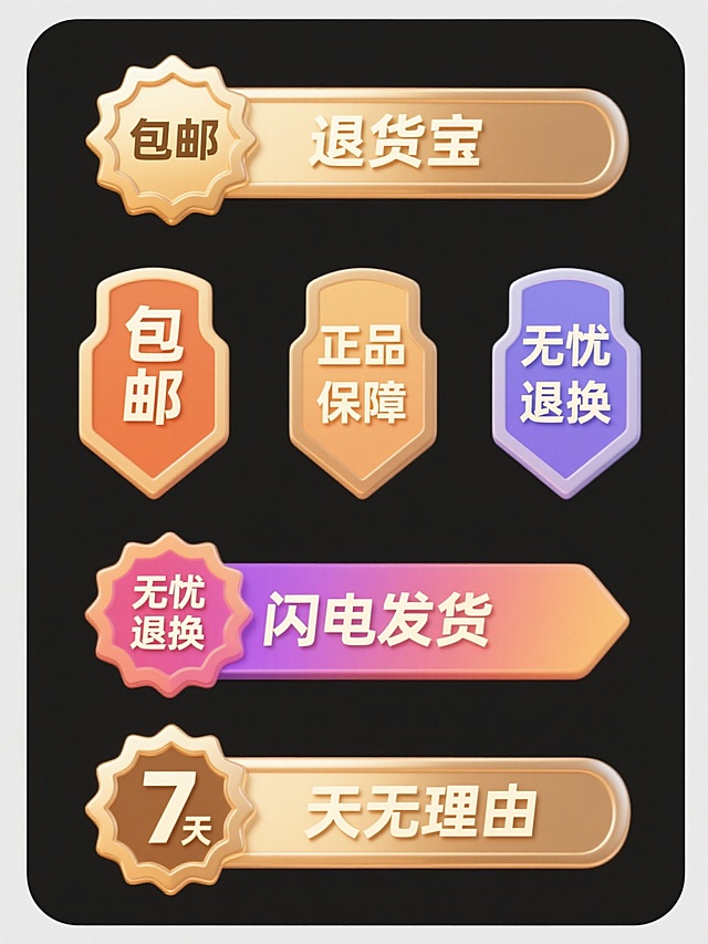6个规整排布的促销标签素材，每个标签为单一纯色背景且颜色各异，标签内文字分别为“包邮”“退货宝”“正品保障”“无忧退换”“闪电发货”“7天无理由”，采用与参考图中金色徽章相同的精致3D质感，平滑的渐变色彩过渡，清晰锐利的边缘处理，文字为清晰易读的无衬线字体，整体呈现出简洁、专业且具有品质感的设计风格，各标签间距均匀，排列整齐。