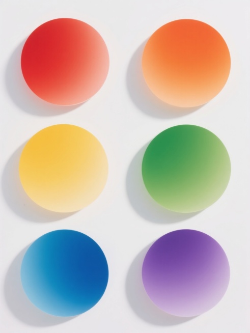 六个不同配色的圆形形状，每个圆形都有从中心到边缘的柔和渐变效果，颜色分别为红色、橙色、黄色、绿色、蓝色和紫色，所有圆形大小一致，在白色背景上以整齐的两行三列方式排列，每个圆形之间保持相等的间距，整体画面简洁干净，具有现代感和设计感。预览效果