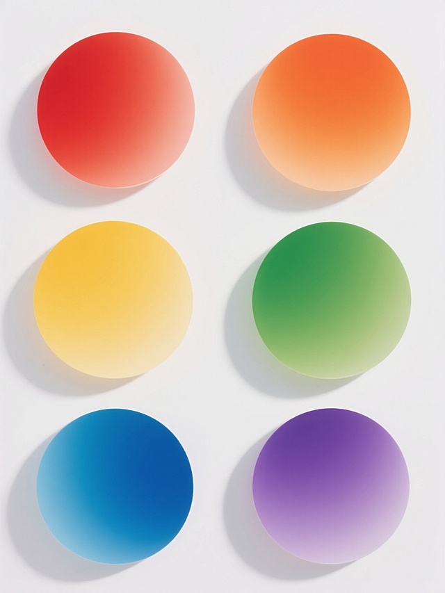 六个不同配色的圆形形状，每个圆形都有从中心到边缘的柔和渐变效果，颜色分别为红色、橙色、黄色、绿色、蓝色和紫色，所有圆形大小一致，在白色背景上以整齐的两行三列方式排列，每个圆形之间保持相等的间距，整体画面简洁干净，具有现代感和设计感。