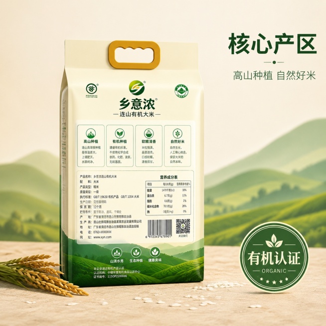 [主图-2] 连山有机大米包装背面展示，突出产品完整信息。[氛围风格] 自然清新高品质，和第一张风格色调统一。[画质] 商业摄影质感、光线柔和通透、产品清晰真实、画面干净高级。[元素] 画面中心展示乡预览效果