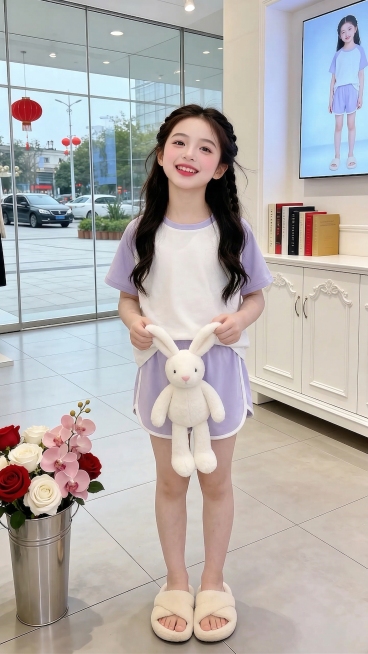 用图1短袖和裤子替换掉图2的模特身上穿的衣服裤子和旁边照片里面模特穿的衣服和裤子，保留原场景光影，保持图2的人物的五官和发饰不变，姿势不变，背景不变，图片宽高尺寸不变，保持图1的短袖和裤子的款式材质预览效果