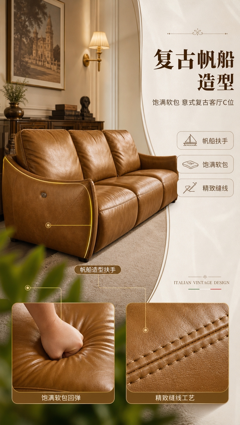 [商品] 使用【图1】焦糖棕真皮三人位电动功能沙发；保留三人位… - 图片创意预览