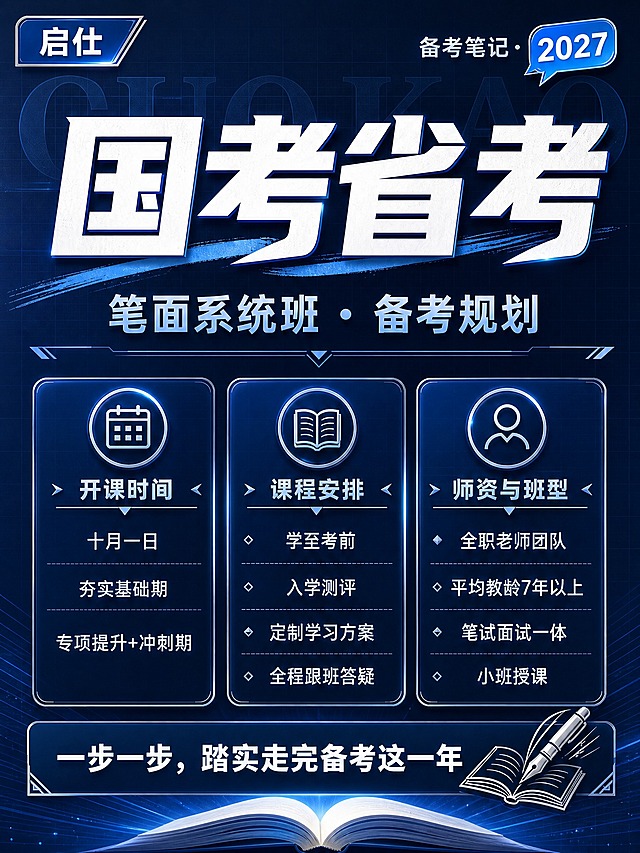 将这张国考省考课程海报的红色主题完全换掉，重新设计为深蓝高端商务风格。整体配色改为深藏青/深蓝渐变主背景（#101127到#1E40AF），搭配白色文字和金色/浅蓝色点缀，营造专业高端的备考氛围。保留原有的版式结构和全部文字内容，只改变配色、装饰元素风格和背景质感。

【具体修改】
- 背景：深红改为深蓝渐变底色，带细蓝色网格底纹和淡蓝色光线斜切装饰，底部用翻开的书本光影做装饰
- 主标题「国考省考」：白色粗体字，带轻微蓝色描边或金属质感，下方配浅蓝色笔刷装饰条
- 副标题「笔面系统班·备考规划」：浅蓝色或银白色
- 品牌标签「启仕」：深蓝色底白字或蓝底金边标签
- 「2027」气泡贴：改为蓝色渐变气泡贴，白字
- 三大信息卡片：深蓝色半透明卡片，浅蓝色或银色描边，圆角设计
- 卡片图标：蓝色或银白色线性图标，圆形蓝边包裹
- 分割线与装饰：金色细线条改为浅蓝色或银白色细线条，几何角标用蓝色
- 底部通栏Slogan：深蓝底白字，右侧钢笔书本图标改为银白色

【文字保留】所有文字内容完全保留不变，包括：启仕、备考笔记·2027、国考省考、笔面系统班·备考规划、开课时间、十月一日、夯实基础期、专项提升+冲刺期、课程安排、学至考前、入学测评、定制学习方案、全程跟班答疑、师资与班型、全职老师团队、平均教龄7年以上、笔试面试一体、小班授课、一步一步，踏实走完备考这一年

【数字锁定】"2027"、"7年"、"十月一日"必须精确渲染

【要求】
- 深蓝高端商务风，专业大气，适合成人职业考试主题
- 不要红色元素，整体色调以深蓝、白、浅金/浅蓝为主
- 版式精美，层级分明，四周留足安全边距
- 不要二维码预留位
- 画面中所有信息区域必须填充完整，不得空白