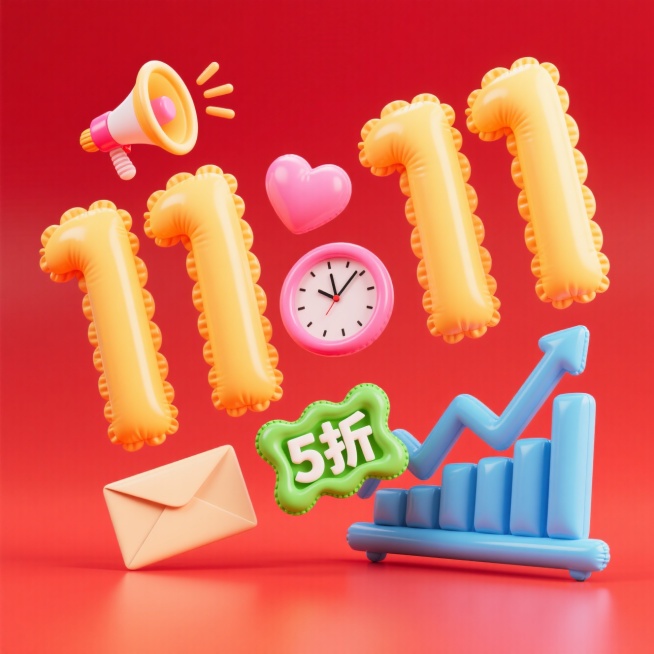 主体为一个促销感的黄色“11·11”造型，结合装饰元素：漂浮着喇叭、时钟、信封、爱心、数据图表、折扣标识等，前景干净，背景为红色预览效果