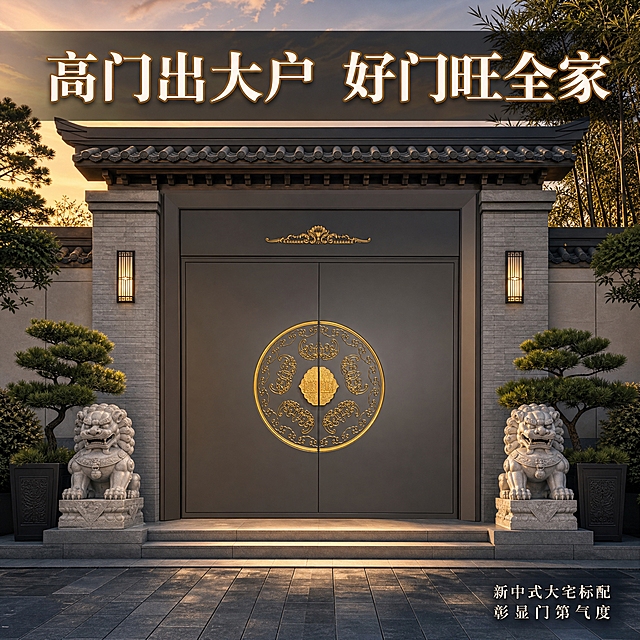 [主图-4] 场景效果展示图，核心任务是展示大门安装在新中式别墅外的真实效果，让客户直观想象入户效果。将原图工厂背景替换为真实的新中式别墅入户场景。
[统一基调] 新中式高端大宅风格，自然真实的户外光线，整体色调温暖大气，标题字色为白色带金色描边，辅助字色为米白色，字体为新中式大气字体，整体营造大宅入户的尊贵感。
[画面] 产品安装在新中式别墅入户大门的真实场景中，正面视角，大门完全展示，占画面中心约60%。大门两侧是新中式别墅的灰色外墙砖，上方有中式屋檐挑出，门前有两级石材台阶，两侧摆放一对中式石狮子或盆栽迎客松作为点缀。地面为青石板铺就的入户小径，远处隐约可见庭院绿植。天空为柔和的傍晚霞光，营造温馨大气的归家氛围。
[光影质感] 真实户外摄影质感，傍晚暖金色的自然光从侧前方照射，在鎏金浮雕上形成温暖的金色反光，门体表面有自然的环境光反射，地面和台阶有柔和的阴影，整体光影自然真实，有身临其境的感觉。
[配色] 主色调：深灰、鎏金、暖灰、绿植色；背景：傍晚天空的暖橙到浅蓝渐变，新中式建筑的灰色调；整体色调温暖大气。
[文字版式] 画面上方半透明深色条带内主标题：「高门出大户 好门旺全家」，白色大字带金色描边。右下角小字：「新中式大宅标配 彰显门第气度」，白色小字。文字放在画面上方和右下角的负空间，不遮挡大门主体。
[输出要求] 比例1:1，2048*2048像素，大门外观与原图一致，场景自然真实，光影融合自然，文字清晰。负向：禁止大门变形、颜色失真、场景虚假、悬浮感、水印、平台Logo、人物面部。