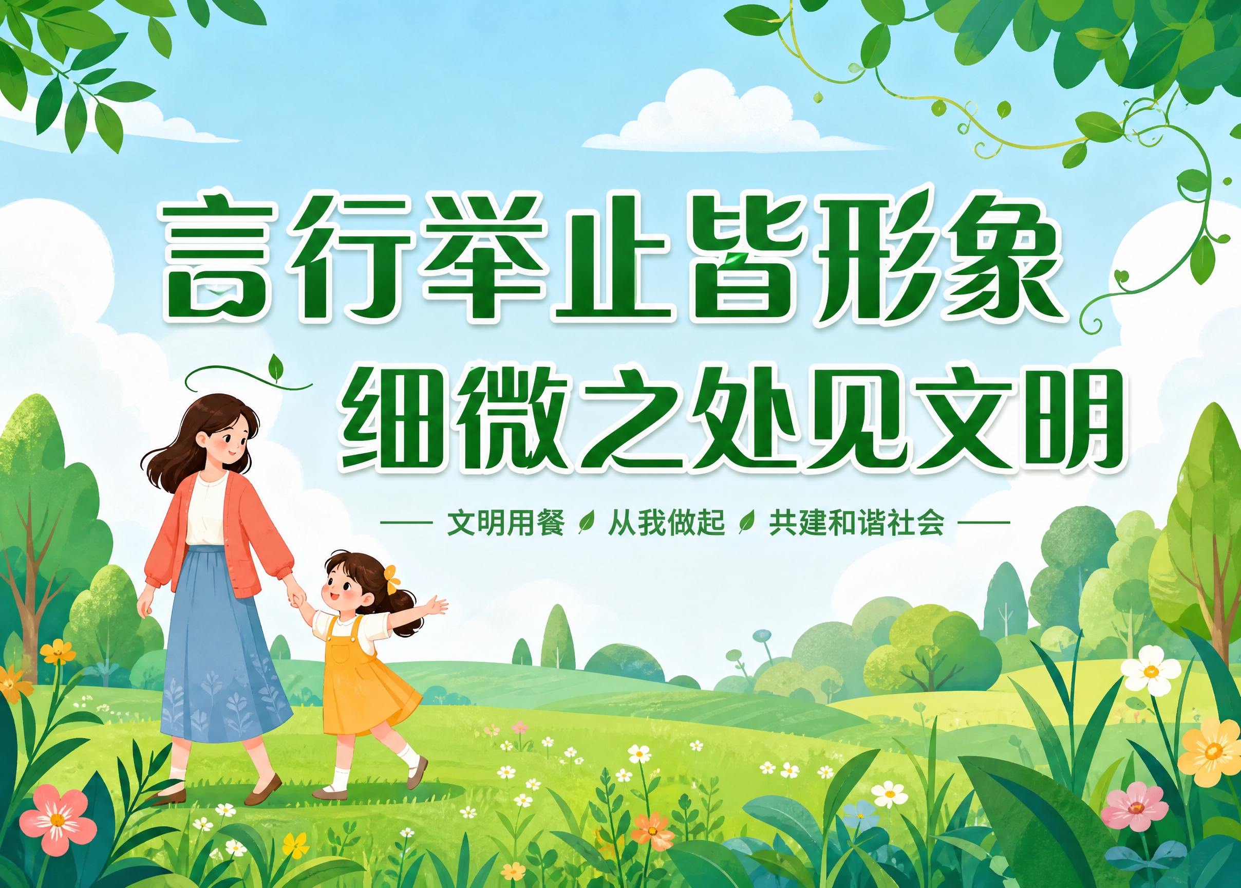 文明餐桌桌签设计，横版7:5比例。清新田园插画风，蓝天白云绿草… - 图片创意预览