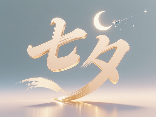 梦幻3D风格，金色大字“七夕”悬浮，伴月牙与流星，浪漫节日氛围。