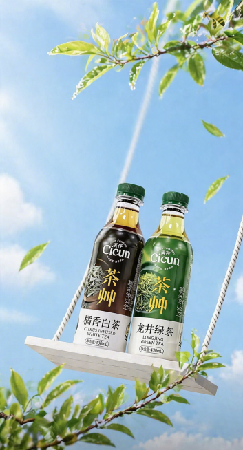 仿照图一的构图，将图一中的两个瓶子替换为图二的橘香白茶瓶和图三的龙井绿茶瓶，有自然光线照射，让瓶子看起来清透透亮，背景保持蓝色天空，将图中的花朵替换为龙井茶的叶子，整体构图保留绳子和木板秋千的结构预览效果