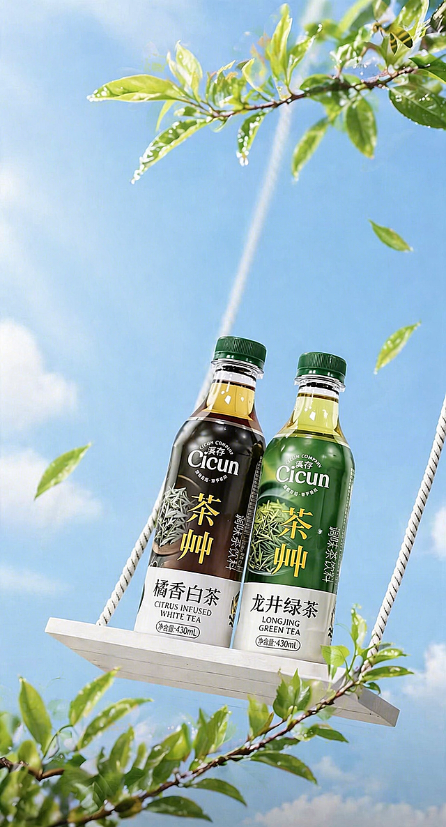 仿照图一的构图，将图一中的两个瓶子替换为图二的橘香白茶瓶和图三的龙井绿茶瓶，有自然光线照射，让瓶子看起来清透透亮，背景保持蓝色天空，将图中的花朵替换为龙井茶的叶子，整体构图保留绳子和木板秋千的结构