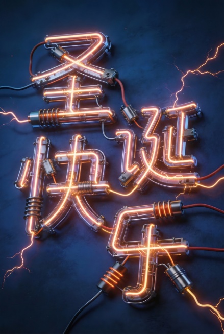 电子射线字“圣诞快乐”，机械发光电线电阻组合。深蓝色背景，高清渲染。赛博朋克风预览效果