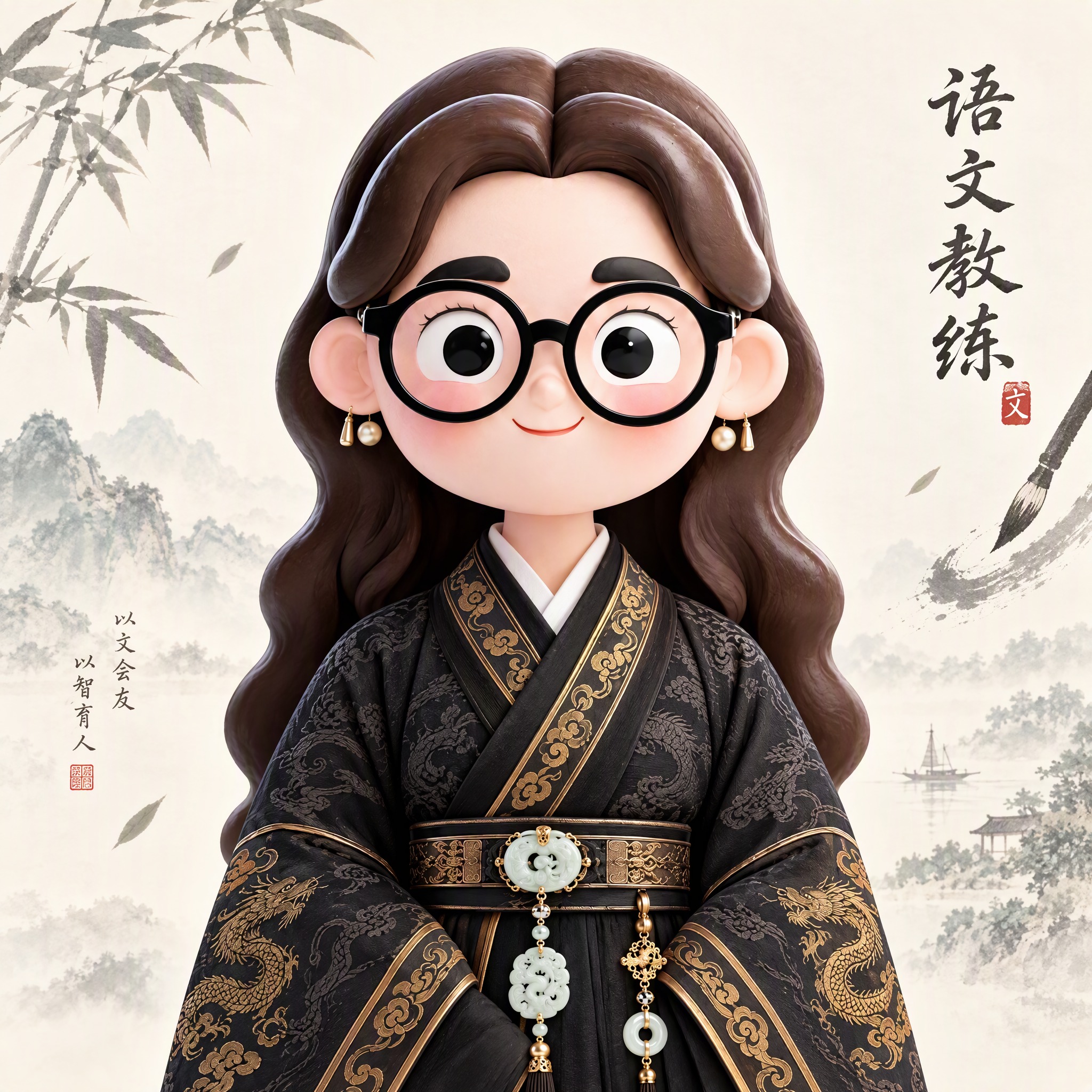 基于参考图的Q版3D卡通语文教练女性形象，生成微信头像。保留黑… - 图片创意预览