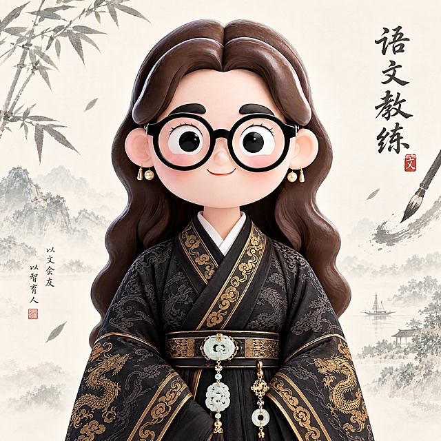 基于参考图的Q版3D卡通语文教练女性形象，生成微信头像。保留黑框圆眼镜、深棕色长卷发、黑色金线龙纹汉服、白玉腰带挂饰的核心特征，人物面带温柔知性的微笑，气质文雅有书卷气。背景为淡雅的米白色渐变，点缀淡淡的水墨山水和毛笔书法元素，整体风格清新雅致，适合作为微信头像，正方形构图，人物居中，头部和肩部完整呈现，3D黏土质感，光影柔和细腻，高清精致