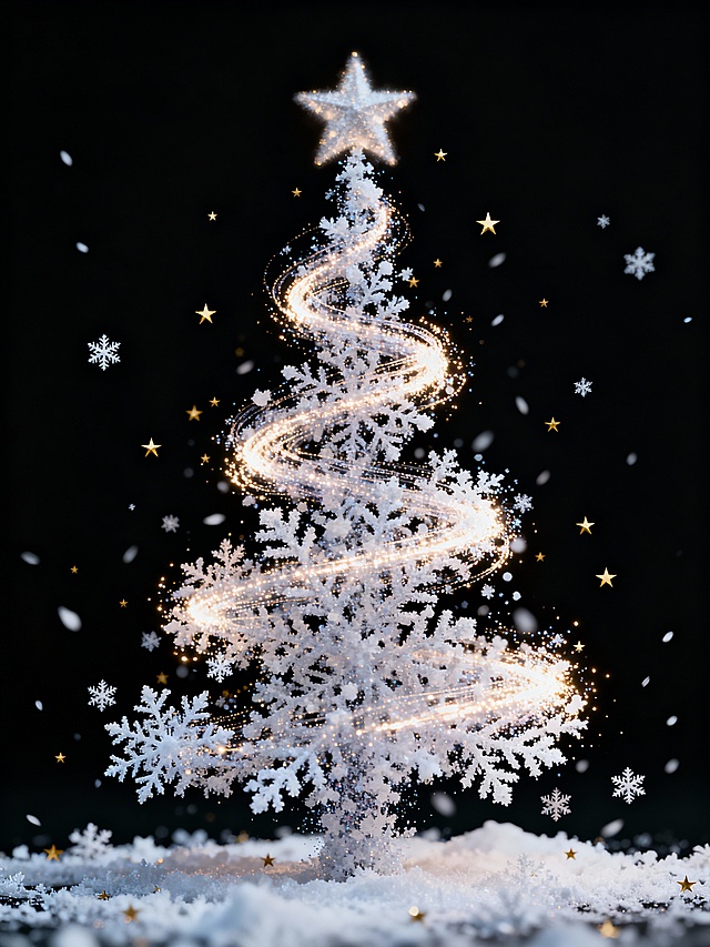 梦幻3D圣诞树，鎏银粒子缠绕雪晶，唯美感与浪漫交织，虚拟自然中的温馨节日奇景。