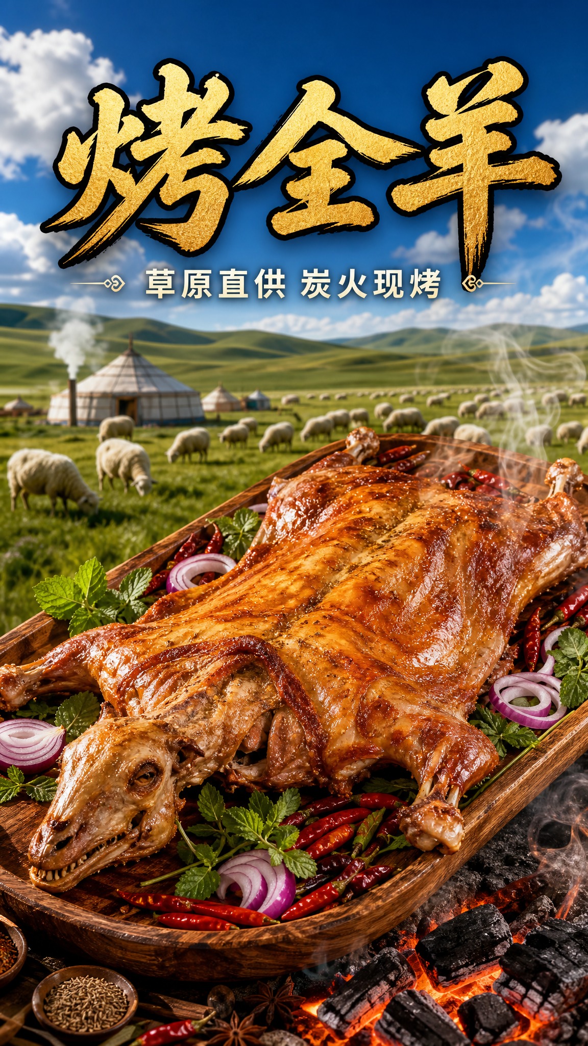 设计一张9:16竖版烤全羊餐饮海报，风格与之前碳烤羊腿、碳烤羊… - 图片创意预览