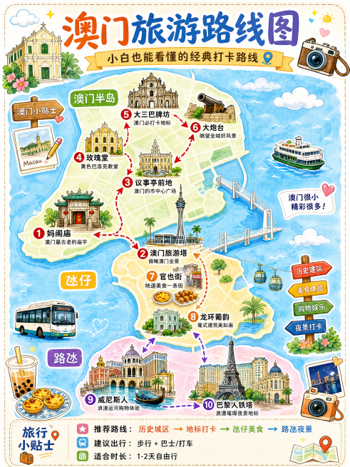 手绘卡通插画风格，澳门旅游路线图信息图，版式参考原图骨架保留，分区和构图与参考图一致，风格清新吸睛，色彩明亮活泼。主标题为"澳门旅游路线图"，副标题为"小白也能看懂的经典打卡路线"，双标题设计。画面包预览效果