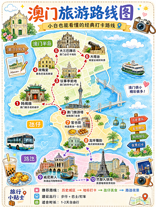 手绘卡通插画风格，澳门旅游路线图信息图，版式参考原图骨架保留，分区和构图与参考图一致，风格清新吸睛，色彩明亮活泼。主标题为"澳门旅游路线图"，副标题为"小白也能看懂的经典打卡路线"，双标题设计。画面包含澳门半岛、氹仔、路氹三个区域的景点标注和路线标注，右下角有旅行小贴士区域，标注推荐路线、出行建议和适合时长。整体版式精美，信息层级分明，文字清晰可读，画面包含相机、巴士、奶茶蛋挞、贡多拉等旅行元素装饰，保持手绘水彩质感，4K分辨率
