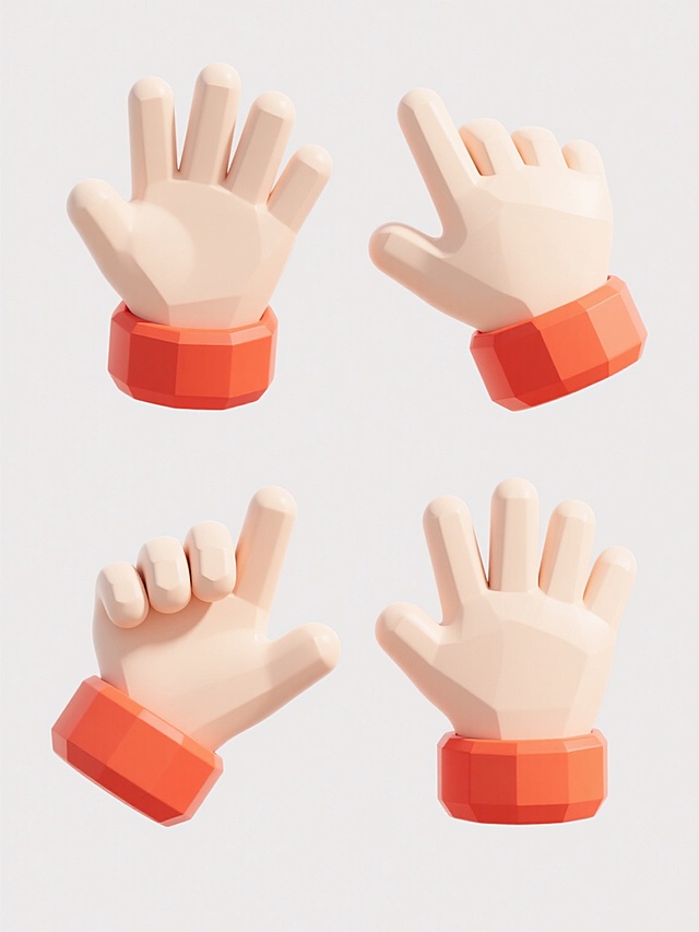 一组4个不同手部动作的3D卡通风格图标，每个图标均为圆润光滑的米白色手部造型，搭配鲜艳的橙红色手腕环，采用柔和均匀的光影效果，高光细腻，阴影自然过渡，整体呈现出可爱、简洁的设计感，所有手部动作均保持统一的低多边形3D建模风格和配色方案，背景为纯白色。