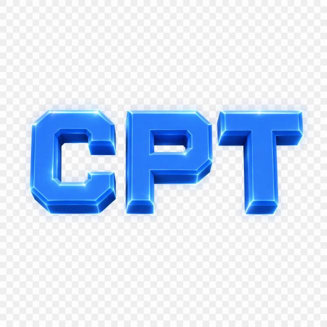 为这款方正块状蓝色CPT增强立体感，添加科技感发光视觉效果，增强边缘高光和整体光泽，保留原有字体结构和明亮纯蓝色，保持透明背景。预览效果