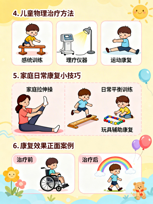 儿童物理治疗科普图文第4-6页，和前3页风格统一活泼童趣暖色调，第4页介绍常见的儿童物理治疗方法，搭配卡通操作示意图，第5页讲解家庭日常康复小技巧，内容实用易懂，第6页展示康复效果的正面案例，氛围温暖预览效果