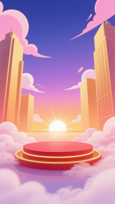 电商促销背景，卡通插画风格，渐变天空从顶部深蓝过渡到中部粉紫再到地平线的暖橙黄色，点缀着几缕轻盈的粉白色云彩，柔和的阳光从地平线中央散发着耀眼的光芒，两侧是高耸的金色摩天大楼剪影，底部云雾缭绕，中央是一个圆形的红色展台，展台边缘有金色的发光线条装饰，整体画面明亮通透，充满梦幻与活力的氛围，适合作为产品展示的舞台背景。预览效果