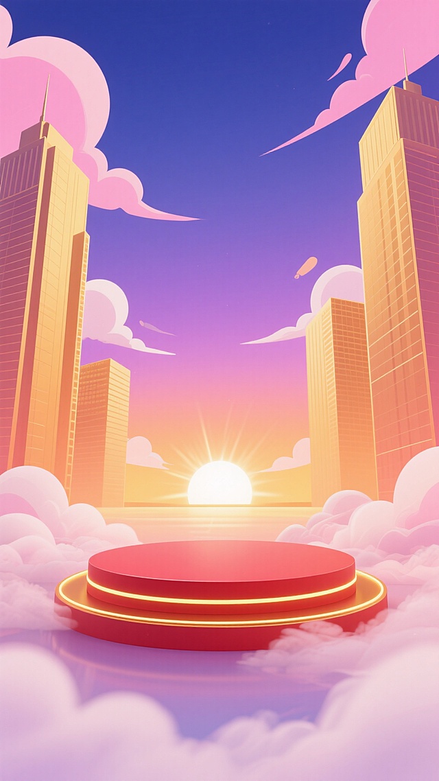 电商促销背景，卡通插画风格，渐变天空从顶部深蓝过渡到中部粉紫再到地平线的暖橙黄色，点缀着几缕轻盈的粉白色云彩，柔和的阳光从地平线中央散发着耀眼的光芒，两侧是高耸的金色摩天大楼剪影，底部云雾缭绕，中央是一个圆形的红色展台，展台边缘有金色的发光线条装饰，整体画面明亮通透，充满梦幻与活力的氛围，适合作为产品展示的舞台背景。