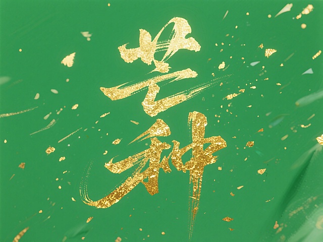 文案“芒种”，金色字体，绿色背景，洒金