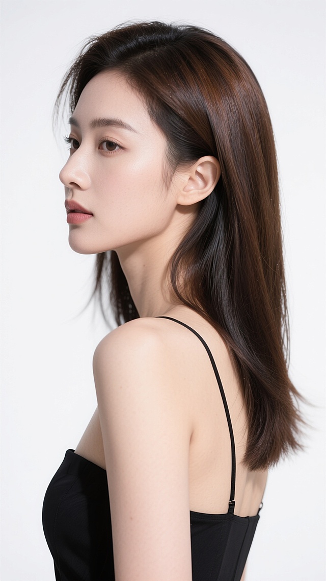 高清晰专业美发广告摄影，亚洲女性侧脸轮廓，光滑白皙肌肤，黑色抹胸礼服，简洁纯白背景，柔和顶光创造轻微阴影，发丝根根分明，展现变换后的新款发型与不同发色，整体画面简约高级，突出头发的光泽感与质感，视觉焦点集中在发型设计上，无任何文字与标识元素。