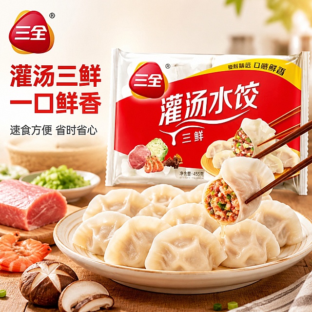 [主图-1] 三全三鲜灌汤水饺首图，场景代入食欲展示
[氛围风格] 温馨家常美食氛围，突出新鲜食欲感
[画质] 商业美食摄影质感，光线通透，水饺纹理清晰真实，画面干净高级
[元素] 三全灌汤水饺包装袋居中放置，一盘煮好的水饺放在前方，筷子夹起一个咬开的水饺展示饱满内馅，汤汁微微溢出增强食欲。左上角提取保留原包装三全品牌Logo，保持字形配色不变，不遮挡主体。新鲜猪肉、虾仁、香菇配料散落在餐盘周围点缀。保持产品外包装颜色、纹理与输入图一致，杜绝变形色差，商品主体占比约70%，画面满屏无边框
[光影] 自然暖光从侧上方打来，水饺皮通透有光泽，内馅色彩鲜亮，汤汁有高光亮点，阴影柔和不生硬，整体光影通透有食欲
[配色] 主色调采用产品本身的红白配色，搭配餐桌原木浅棕色，整体温暖鲜亮突出美食
[视角构图] 平视拍摄，产品与餐盘为视觉中心，前景餐盘、中景产品、背景浅柔虚化，景深适中，主体完整不裁切
[文字版式] 左上方品牌Logo下方负空间左对齐留安全边距，主大字文案写「灌汤三鲜 一口鲜香」，红色粗体无衬线最大字号，辅助小字写「速食方便 省时省心」，字号缩小一半，浅灰色同字体。文字不遮挡产品主体，对比清晰易读
[输出要求] 1:1 比例，2048x2048分辨率，文字清晰锐利，超高清商业美食摄影质感
[负向提示词] 变形，文字错乱，产品模糊，背景杂乱，水印，电商平台Logo，绝对化违禁词，价格遮挡主体