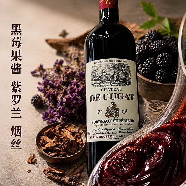 [主图-3] 古佳特酿红葡萄酒风味细节特写图。[氛围风格] 专业微观种草，突出质感，高级食欲感。[画质] 商业摄影质感，光线柔和通透，产品清晰真实，画面干净高级。[元素] 保持古佳特酿红葡萄酒瓶外观、物理结构、材质质感、颜色与输入图片绝对一致，杜绝任何变形和色差，精细化处理。中景为酒标细节放大特写，周围环绕黑莓、紫罗兰干花、烟熏橡木片作为核心风味原料展示，下方放置醒酒器中流动的红酒酒液特写，突出酒液深邃宝石红光泽；商品主体占比约70%。[光影] 侧光打亮酒液，突出通透质感，原料细节清晰，光影层次丰富。[配色] 主色调宝石红、深棕，辅色紫蓝、木色。[视角构图] 微俯视，细节特写突出，画面主体明确。[文字版式] 画面左侧竖排文字标注核心风味："黑莓果酱 紫罗兰 烟丝"，深酒红色，字体大小对比清晰，不遮挡酒液和瓶身细节。[输出要求] 1:1 比例，文字清晰可辨，超高清商业摄影质感。[负向提示词] 变形，文字错乱，产品图模糊，背景杂乱，水印，电商平台Logo。