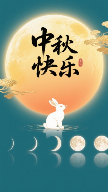 生成中秋海报，从深橙色在顶部到淡黄色在底部。在中央，有一个巨大的发光圆形（代表月亮），从金黄色渐变到软橙色。在这个主圆的下面，排列一个横面的、较小的、半透明的月相（从新月到满月）向中心下降的序列。在主预览效果