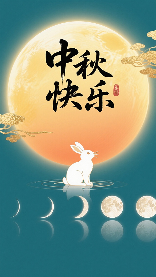 国潮风插画，水墨质感的满月映衬金色祥云，玉兔静坐水面，倒影中月相流转，大字“中秋快乐”挥洒典雅，鎏金点缀，尽显古典梦幻与温馨意境。
