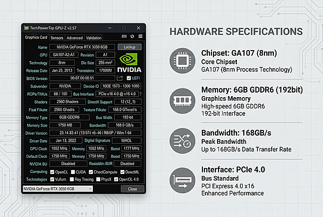 Light gray grid/tech texture background. Left side is a real screenshot of GPU-Z software. Right side is a detailed parameter list with icons: Chipset: GA107 (8nm), Memory: 6GB GDDR6 (192bit), Bandwidth: 168GB/s, Interface: PCIe 4.0. Simple business style, flat icons, no watermark, no price, no Amazon logo, 8k, high resolution, Amazon A+ page.