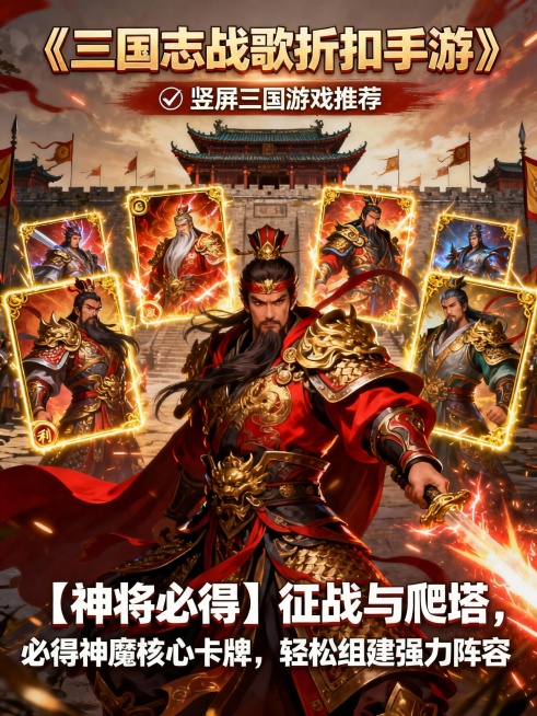 生成一款回合卡牌三国手游风格的宣传图片10张，“《三国志战歌0.05折 、三国志战歌折扣手游、三国志战歌福利手游》” 为主标题 “✅ 热门卡牌回合游戏推荐、✅竖屏三国游戏推荐、✅ 卡牌三国游戏推荐、”预览效果