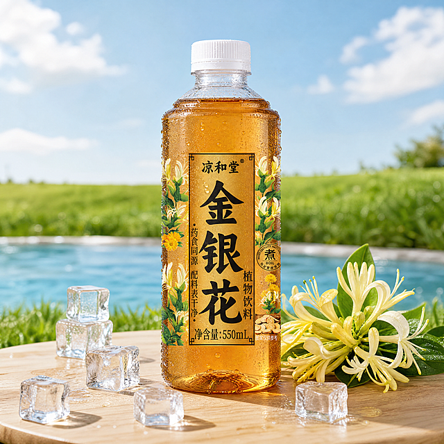 超写实商品摄影，清爽夏日氛围
主体：饮料严格参照上传产品图，完整保留所有可见组件、部件、轮廓、结构、比例、材质、颜色与产品本体上的文字信息（logo / 型号 / 规格 / 参数 / 浮雕 / 刻度等），与上传图完全一致；瓶身布满冷凝水珠，自然融入场景光影，与场景共处同一物理空间。产品为唯一视觉焦点，占画面主体位置，完整不裁切，背景无同类饮料产品。
构图：45度俯拍，正方形构图
风格：清新自然夏日风
场景：户外草坪野餐，蓝天白云阳光充足
陈列：①浅色木质餐垫，放在画面中心，浅原木色；②一瓶金银花植物饮料放置在餐垫中央；③几块冰块放置在饮料瓶周围，透明质感；④几枝新鲜金银花放置在瓶身侧方，白黄配色；⑤清澈水面在背景，浅蓝透明
配色 / 材质：浅原木色 / 天空蓝 / 透明色 / 米白色 / 白黄色；木材 / 冰块 / 新鲜植物 / 水
光影：夏日正午自然光从斜前方45度照射，清透亮泽，突出瓶身水珠质感，整体冷调清爽，无硬阴影
严格锁定宽高比为 1:1。
参数：4K写实