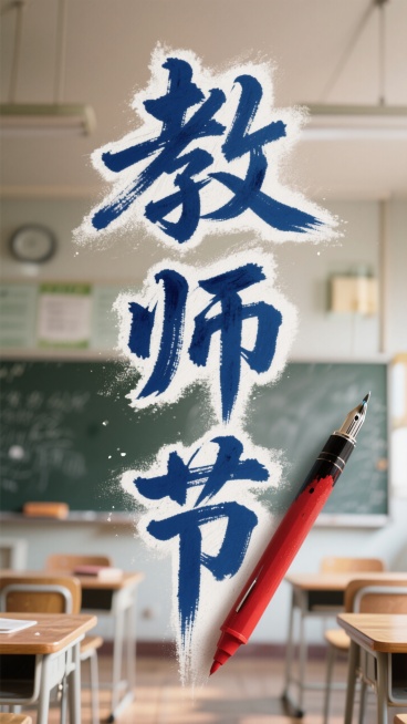 创意设计“教师节”三字，“教”字为白色粉笔质感，“师”字为蓝色钢笔墨水质感，“节”字为红色记号笔质感，三个字自然地衔接在一起，背景是虚化的教室场景，充满温情的故事感，3D渲染，OC渲染器，细节逼真预览效果