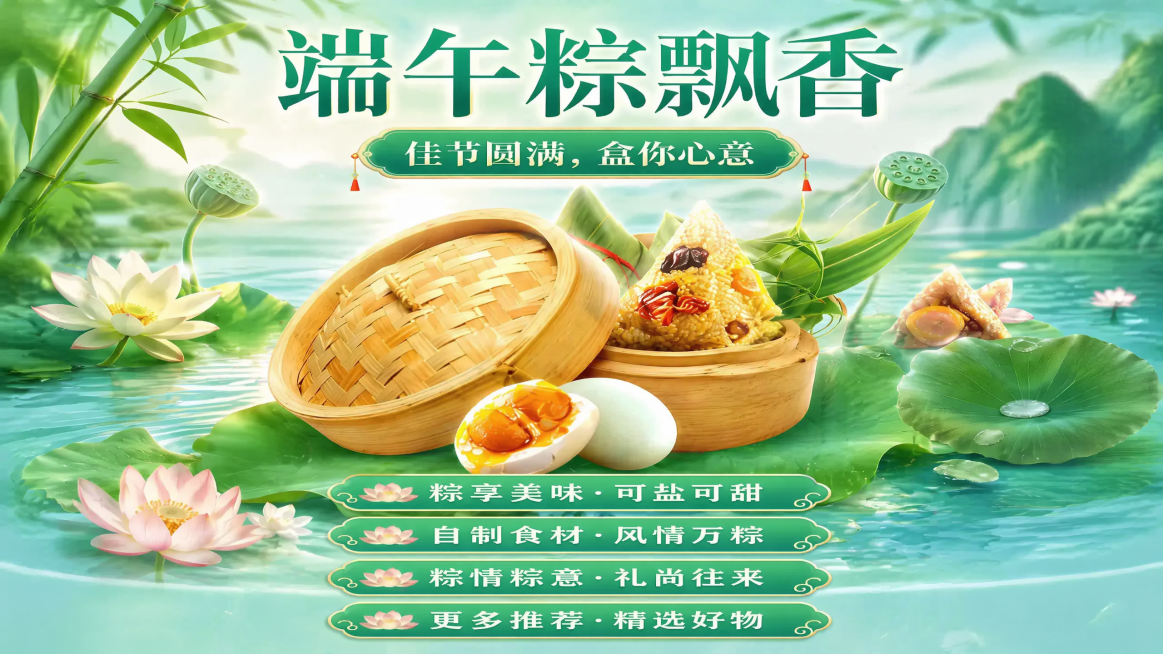 移除画面右下角的蓝色河马IP，保持原有绿色水面荷叶、荷花、莲蓬以及粽子咸鸭蛋竹蒸笼的场景不变，保持原有整体构图和文字内容不变，画面风格不变预览效果