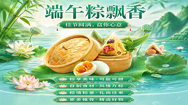 移除画面右下角的蓝色河马IP，保持原有绿色水面荷叶、荷花、莲蓬以及粽子咸鸭蛋竹蒸笼的场景不变，保持原有整体构图和文字内容不变，画面风格不变