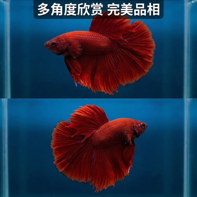 [主图 4] 多角度展示，拼图呈现大红袍泰国斗鱼不同姿态。
[氛围/风格] 真实自然，光影统一，多角度展示产品全貌。
[画面元素] 采用两宫格拼图布局，上方图展示斗鱼侧面全景，保留用户原图的优美姿态；预览效果