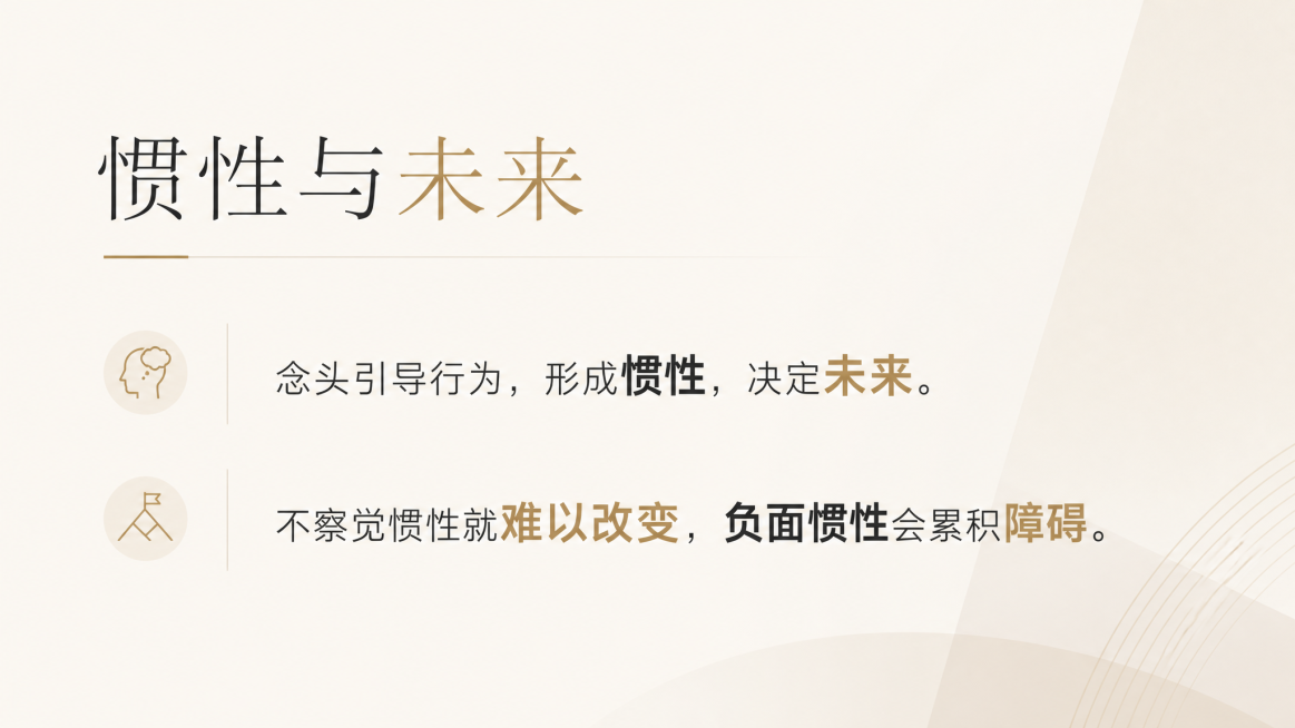 设计一张极简风PPT，标题“惯性与未来”，正文内容保持核心观点：念头引导行为，形成惯性，决定未来。不察觉惯性就难以改变，负面惯性会累积障碍。保持浅米白背景，简洁排版，突出重点文字，高级质感预览效果