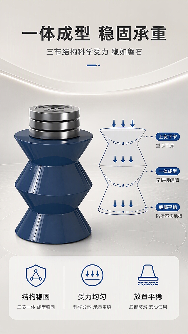 [商品] 使用【图1】深蓝色DJ-8817B三节角几；保留三节沙漏几何造型、圆形台面、玻璃钢实色亮光漆材质、深蓝色、整体比例和光滑亮面质感；不改变结构和颜色。
[画面] 目标：结构稳固解析，说明三节一体结构的稳定性与承重能力。构图：上文下景，顶部文案区，下方产品+结构示意+承重演示。主体位置：画面中下居中，产品占画面约50%，旁边叠加结构剖面示意。角度：侧视角度，展示三节堆叠受力结构。阅读动线：从上到下。前中后景：前景产品、中景结构虚线标注、后景浅灰渐变。场景：技术感展示背景。
[视觉] 套系策略：风格=现代简约轻奢商业摄影；标题字=现代无衬线粗体；正文字=简洁无衬线体；主色=米白+浅灰；背景延展=基于米白浅灰做深浅层级、同色渐变和细腻哑光质感；强调色=克莱因蓝（呼应产品蓝色），仅用于小面积图标、引线和标签；标题色=深炭灰；正文色=中暖灰；组件=圆角浅底信息卡、细线引线、胶囊标签；光影=左前侧暖柔光，产品亮面高光自然。
[文字] 顶部主标题「一体成型 稳固承重」，副标题「三节结构科学受力 稳如磐石」。产品旁用蓝色虚线和箭头标注受力方向：「上宽下窄 重心下沉」「一体成型 无拼接缝隙」「底部平稳 防滑不伤地板」。底部3个数据标签：「结构稳固」「受力均匀」「放置平稳」。
[规格] 淘宝/天猫详情页，9:16竖版，4K分辨率，负向提示：避免变形、错字、文字过小、产品颜色改变、结构失真、极限词、水印、二维码、虚假承重数据。