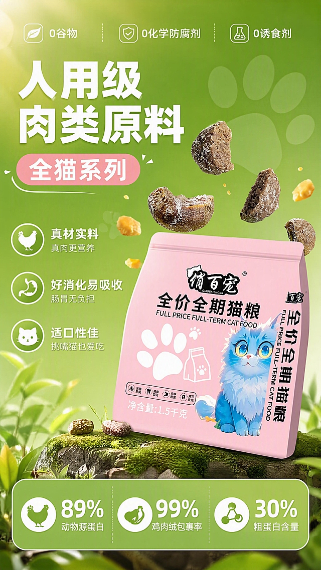 [第1张] 详情页头图-俏百宠全价全期猫粮新品宣传海报。本张使用【图1】作为商品主体。
[氛围/风格] 清新活力萌系海报风，绿色渐变背景，粉绿撞色，商业摄影质感，软萌可爱氛围。
[元素布局] 粉色猫粮包装袋置于画面中下偏右，占比约55%；袋身周围悬浮多颗带鸡肉绒的猫粮颗粒，有掰开的颗粒展示内部结构；背景为清新绿色渐变，带有柔和的猫爪印暗纹和圆形光斑装饰；左上角留出标题区，底部有信息条区域；确保包装袋外观、颜色、卡通猫咪图案、品牌文字与输入产品图一致。
[光影质感] 左上方柔光照明，右下自然投影，猫粮颗粒有清晰高光，整体明亮通透有食欲感。
[配色色系] 全局底色 #7CB342 渐变至 #AED581；主色清新绿色；辅助色粉色包装、白色文字；点缀色金黄色猫粮颗粒。
[视角构图] 正面微仰视，产品包装袋为视觉中心，阅读动线左上标题 → 中部产品 → 底部信息条。
[文字版式] 版式为左上大标题 + 中部产品 + 底部三栏卖点。顶部三小标「0谷物 0化学防腐剂 0诱食剂」；主标题「人用级肉类原料」，副标题「全猫系列」，大号圆润粗黑体；底部三栏数据「89%动物源蛋白」「99%鸡肉绒包裹率」「30%粗蛋白含量」，配圆角图标；文字不遮挡包装袋主体。
[比例分辨率] 9:16 竖版比例，4K 分辨率，文字清晰可辨，高清画质。
[负向提示词] 包装袋变形，缺件错件，颜色偏差，水印，文字错乱，产品图模糊，背景杂乱，卡通猫图案变形。