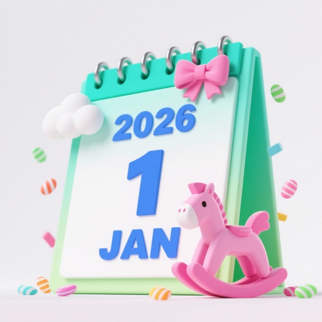 薄荷绿清新立式台历，三行文字 “2026 1 JAN”，台历上点缀云朵纹样、蝴蝶结装饰和粉色小马，周围点缀彩色糖果，奶白色背景预览效果