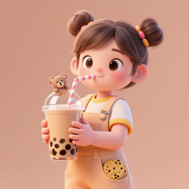 软萌双丸子头少女，穿奶茶色背带裤，捧着超大杯珍珠奶茶（吸管插着小熊软糖），裤兜露出半块曲奇饼干。预览效果