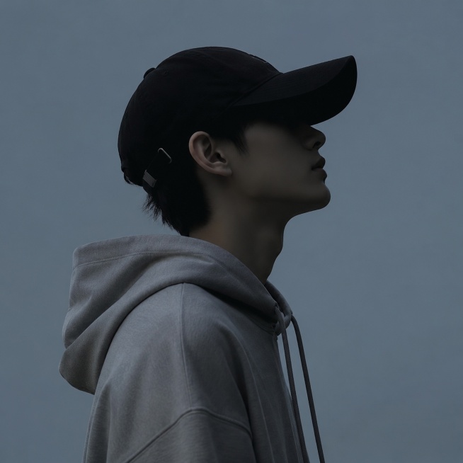小红书简约男生头像，酷感简约INS风，短发清爽少年，侧脸剪影，戴黑色鸭舌帽，穿纯色灰色连帽卫衣，面部轮廓干净利落，背景是雾霾蓝纯色极简背景，无多余装饰元素，整体风格简约高级，低饱和配色，线条干净，适合预览效果