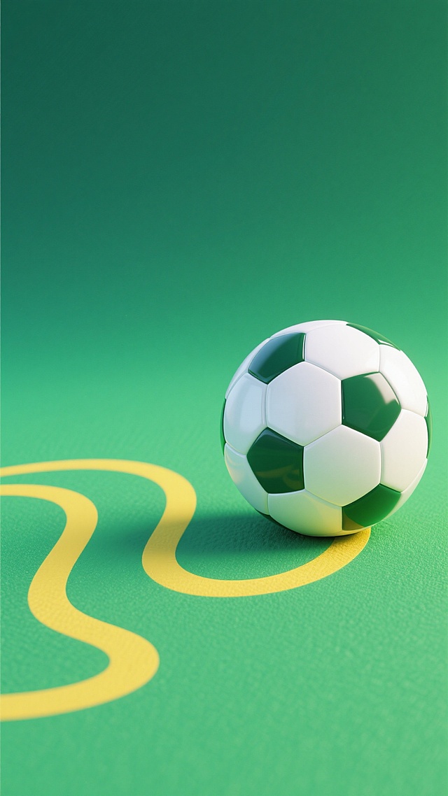足球元素，绿色渐变背景，足球位于右下角，白色和深绿色相间的足球，绿色和黄色的波浪线条从左下角延伸至足球底部，整体风格为现代简约插画，足球表面采用光滑的塑料质感纹理，背景为细腻的磨砂质感，色彩明亮清新，构图简洁大方，视觉焦点突出，营造出运动活力的氛围。