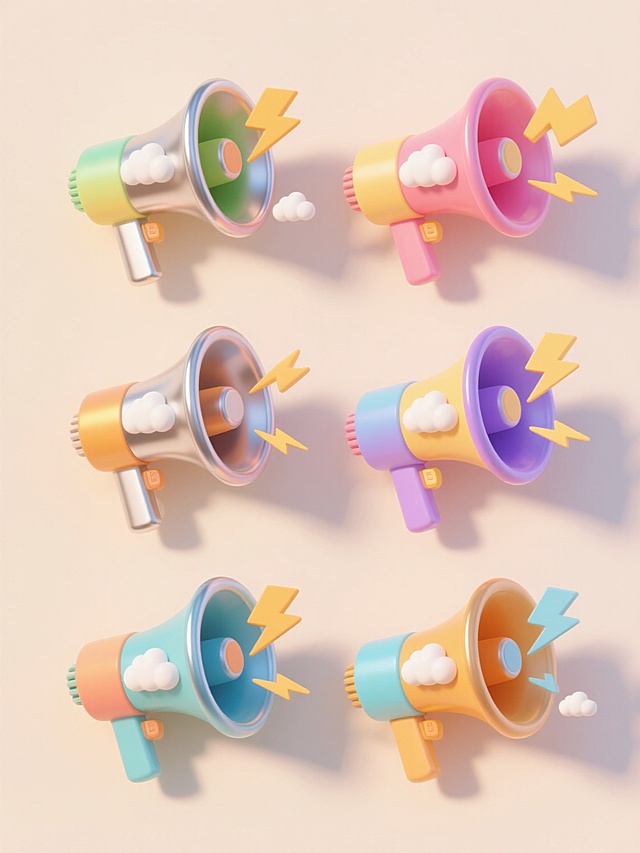 6个不同配色、不同样式、不同材质的喇叭造型，采用3D立体设计风格，表面呈现金属光泽与渐变色彩，搭配卡通化的闪电、云朵等装饰元素，整体布局为上下两行对齐排列，浅色背景，营造出欢快活泼的促销氛围，视觉层次分明，信息传达高效。