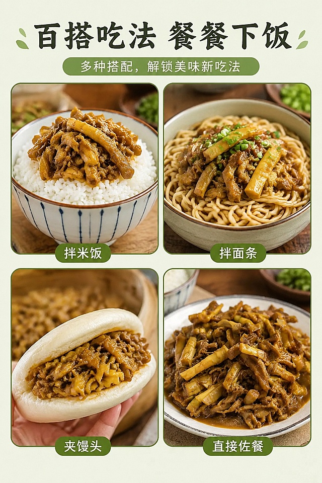 [第6屏] 详情页场景种草屏-多种食用搭配展示。本屏使用【图3】成品图，搭配拌饭、拌面、夹饼场景组合。
[氛围/风格] 家常烟火气，真实下饭场景，多图拼接活泼生动。
[元素布局] 采用2×2圆角拼图版式，四个场景各占约23%屏占比，分别展示：油焖笋干菜配白米饭、配拌面、夹馒头、直接佐餐；保留成品油焖笋干菜的色泽形态与原图一致，整体元素饱满，信息层次清晰。
[光影质感] 每个场景都使用柔和自然光，食物清晰透亮，阴影自然统一。
[配色色系] 全局底色 #f0f5e9，主色绿色底框，米白背景，食物自然色泽，黑色文字。
[视角构图] 每个场景均为平视视角，拼图排版，整体居中对齐。
[文字版式] 顶部主标题「百搭吃法 餐餐下饭」，每个场景图下方配2-4字标签标注吃法，文字小巧清晰不遮挡食物，字体保持统一风格。
[比例分辨率] 9:16 竖版比例，4K分辨率，文字清晰可辨，高清画质。
[负向提示词] 图片变形，颜色混乱，文字错乱，文字过小，水印，排列不均